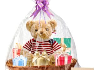 Geburtstags-Präsentkörbe – Boensi Geschenkkorb, 38 x 28 x 12 cm, leerer Präsentationskorb mit 1 x Korb, 4 x Schleifen, 1 x Zellophanbeutel, 1 x Grußkarte für Weihnachten, Geburtstage, Hochzeiten, Ostern