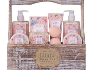 Geburtstags-Präsentkörbe – Accentra Secret Garden Bade- und Dusch-Geschenkset mit weißem Tee- und Aprikosenduft – 8-teiliges Geschenkset