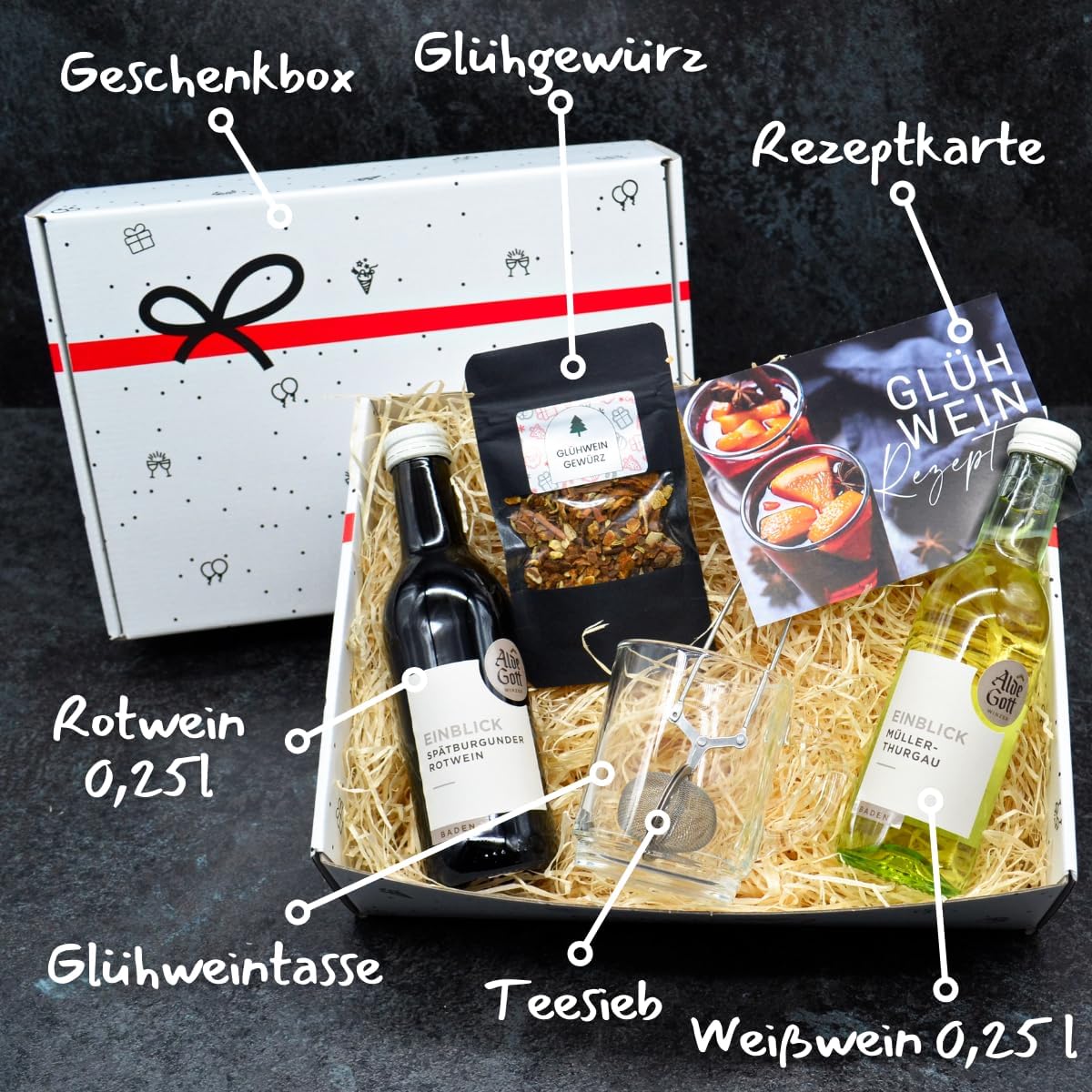 Wein-Präsentkörbe - Glühwein-Probier-Geschenkset, DIY-Geschenkset mit 2 x Winzerwein, Becher, Glühgewürzen, Sieb und Rezeptkarte zum Selbermachen – Bild 2