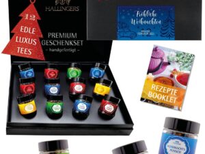 Wein-Präsentkörbe – Hallingers Genuss Manufaktur Tee-Geschenkset Weihnachten – 12 Sorten Premium loser Tee im Glas in edler Geschenkbox, vegan & glutenfrei, Tee-Set „Frohe Weihnachten“ Probierset, Geschenkidee Frauen