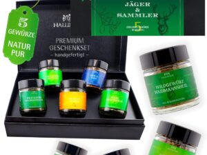 Wein-Präsentkörbe – Hallingers Hunter and Collector Gewürz-Geschenkset, handgefertigt, 5 Gewürze aus aller Welt (Set), Geschenkideen, Weihnachten & Geschenke, Adventskalender, neues Zuhause, Glückwünsche zur Genesung