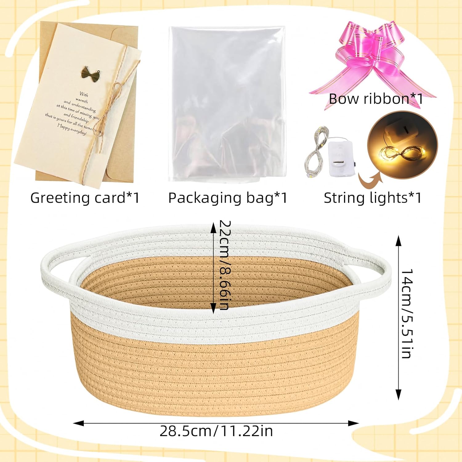 Geburtstags-Präsentkörbe - Leerer Geschenkkorb, Geschenkkorb leer mit Geschenktüten, Grußkarte und Bändern, LED-Geschenkkorb, geflochtener Korb für Geschenke, ideal für Weihnachten, Geburtstag, Hochzeit, Erntedankfest, 28,5 x 22 x 14 cm – Bild 2