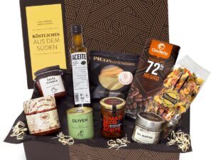 Geburtstags-Präsentkörbe – Delicious from the South, Vegetarian Gift Set with Mediterranean Delicacy, Extra Virgin Olive Oil and Sea Salt, Ready to Gift Wrapped GESCHENKVOLL