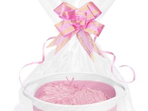 Geburtstags-Präsentkörbe – Leerer Geschenkkorb, Aufbewahrungskorb, geflochtener Geschenkkorb mit Geschenktüte und Schleife, leer, für Geburtstag, Hochzeit (Rosa + Weiß)