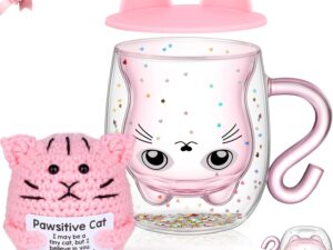 Geburtstags-Präsentkörbe – Doppelwandige Kaffeegläser mit Katze, 290 ml, Geschenke für Frauen, positive Häkelkatze, Mini-Tier, emotionale Aufmunterungs-Unterstützungsgeschenke, Valentinstag, Weihnachten, Geburtstagsgeschenk für Frauen