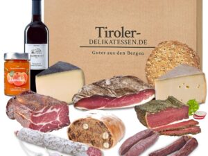 Wein-Präsentkörbe – Almgourmet Tiroler Spezialitäten Geschenkset inklusive Wein, Wurst & Käse Feinkost Geschenkbox 12-teilig