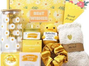 Geburtstags-Präsentkörbe – Geschenke für Frauen, 9-teilig, Sonnenblumen-Geburtstagsgeschenk für Frauen, Geschenkset für beste Freundin, Schwester, Mama, Mädchen zum Geburtstag, Weihnachten