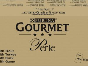 Wurst-Präsentkörbe – PURINA GOURMET Perle Exquisite Stripes Katzenfutter Nasssorten Mix 96er Pack (96 x 85 g)