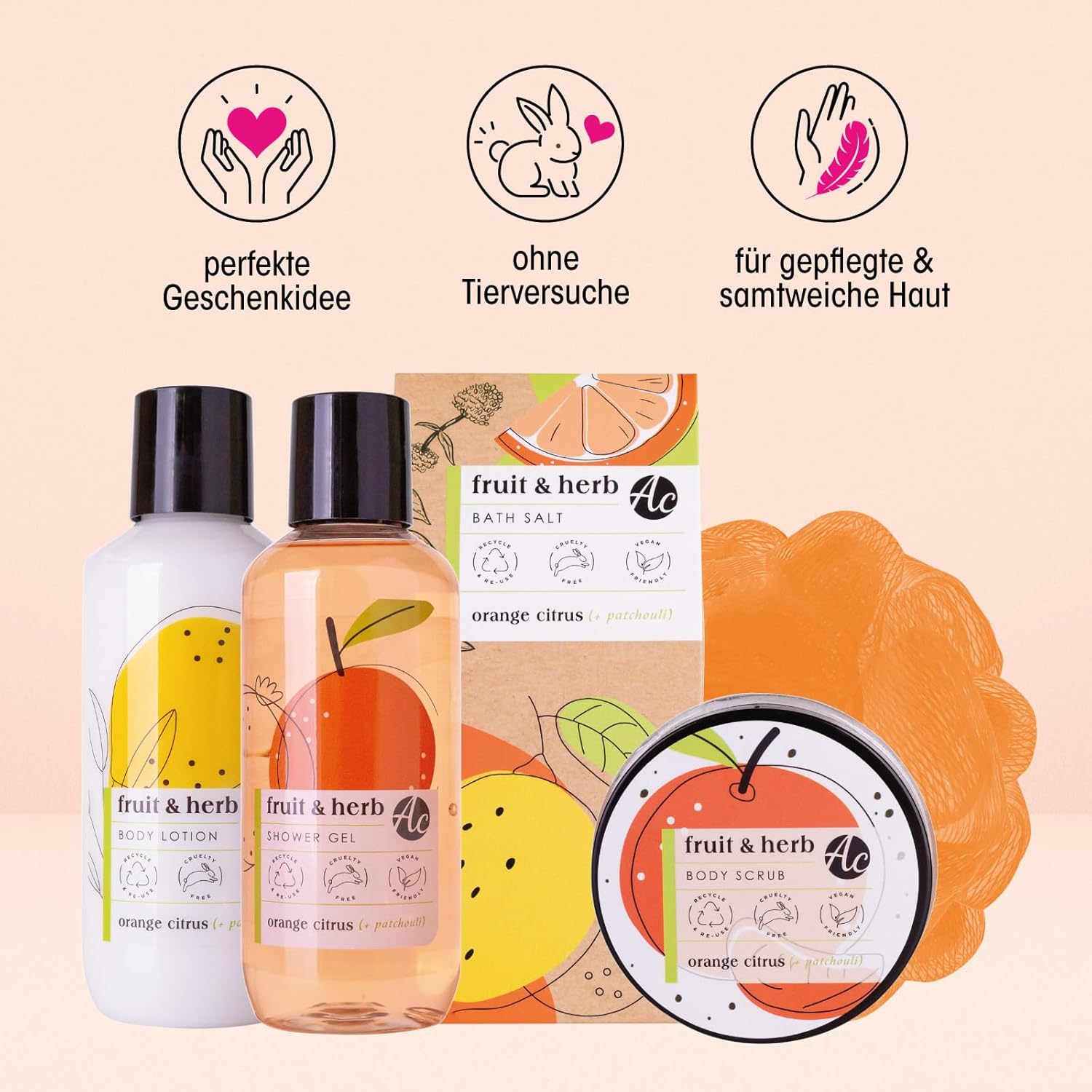 Geburtstags-Präsentkörbe - Accentra – Duschset Geschenkset für Frauen Obst & Kräuter im schönen Geschenkkorb, 5-teiliges Badeset Geschenk mit Duschgel, Körperlotion, Peeling, Badesalz & Netzschwamm – Fruchtige Geschenkidee mit Duft – Bild 4