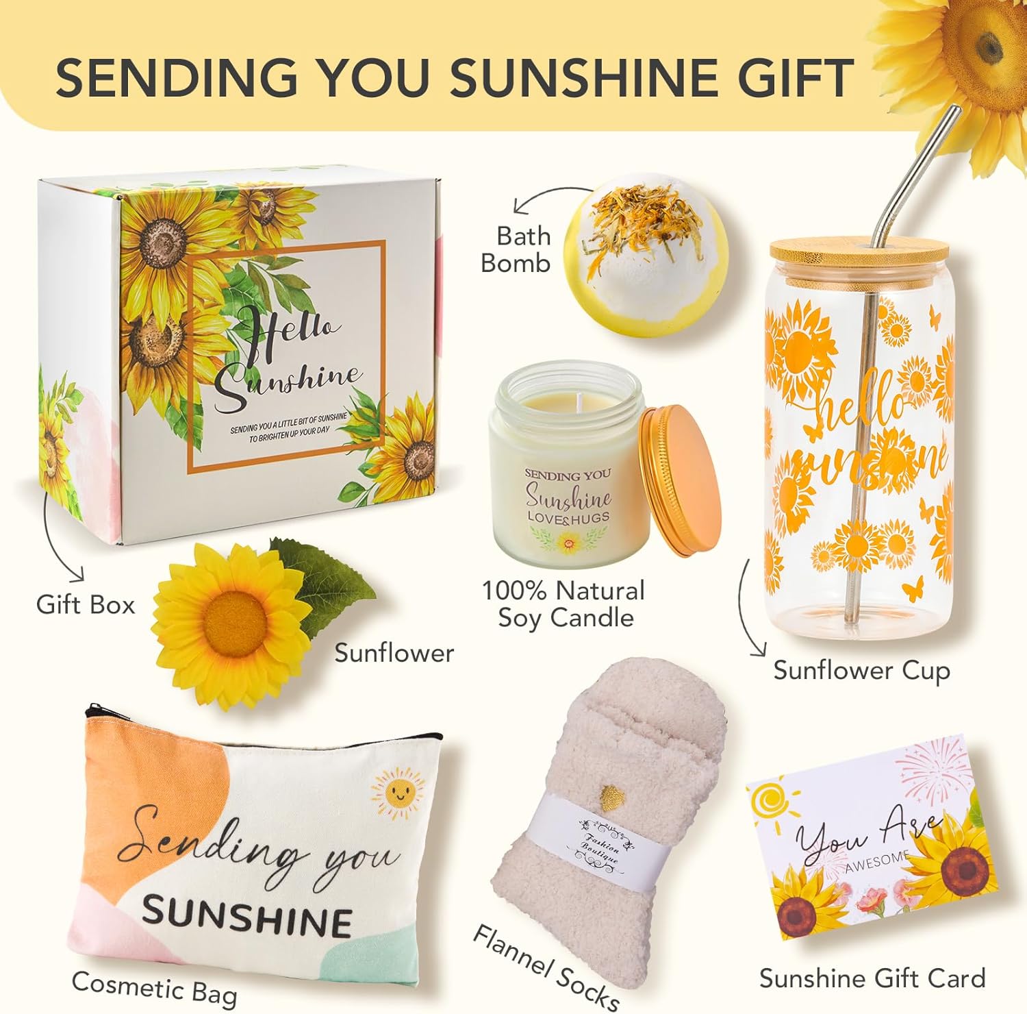 Geburtstags-Präsentkörbe - Sonnenblumen-Geschenk für Freundin, Genesungsgeschenke, Wellness-Geschenkset für Frauen, Geburtstagsgeschenk für Frauen, beste Freundin, Schwester, Kollegin, Genesungsgeschenke – Bild 6