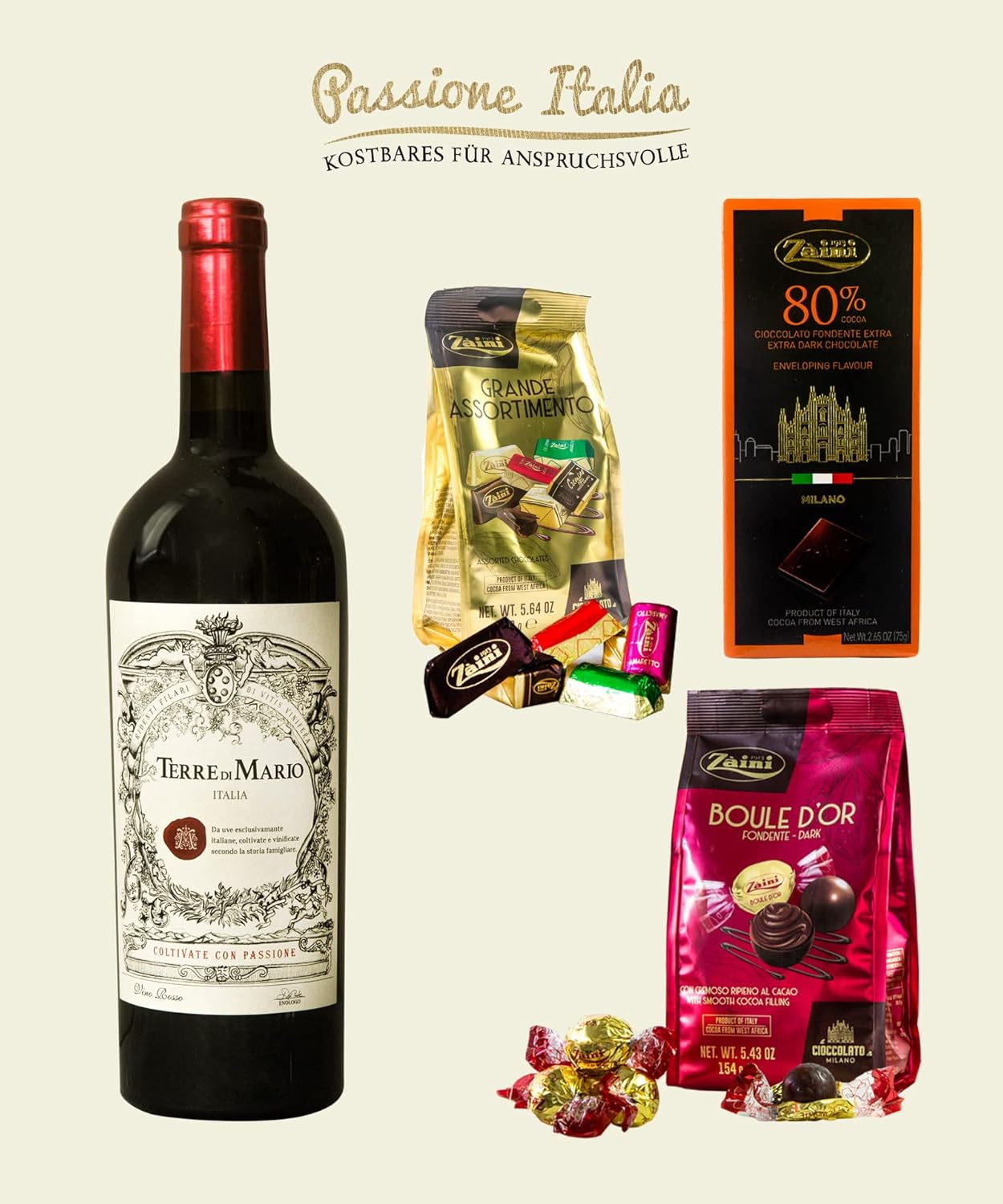 Wein-Präsentkörbe - Elegantes Geschenkset Dunkler Genuss Duo Wein, Pralinen mit Terre di Mario Rotwein und italienische Schokoladenspezialitäten – Bild 5