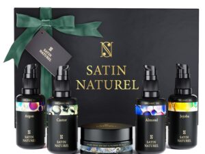 Geburtstags-Präsentkörbe – Satin Naturel Verwöhn-Geschenkset für Frauen mit Bio-Arganöl, Rizinusöl, Mandelöl, Jojobaöl und Sheabutter, Wellness-Set