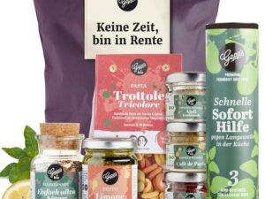 Geburtstags-Präsentkörbe – Gepp’s Feinkost Rentenbox, liebevoller Geschenkkorb zum Ruhestand mit Pasta, Pesto und anderen Köstlichkeiten, Rentnergeschenk für mehr Spaß am Nichts, ideal für Kollegen