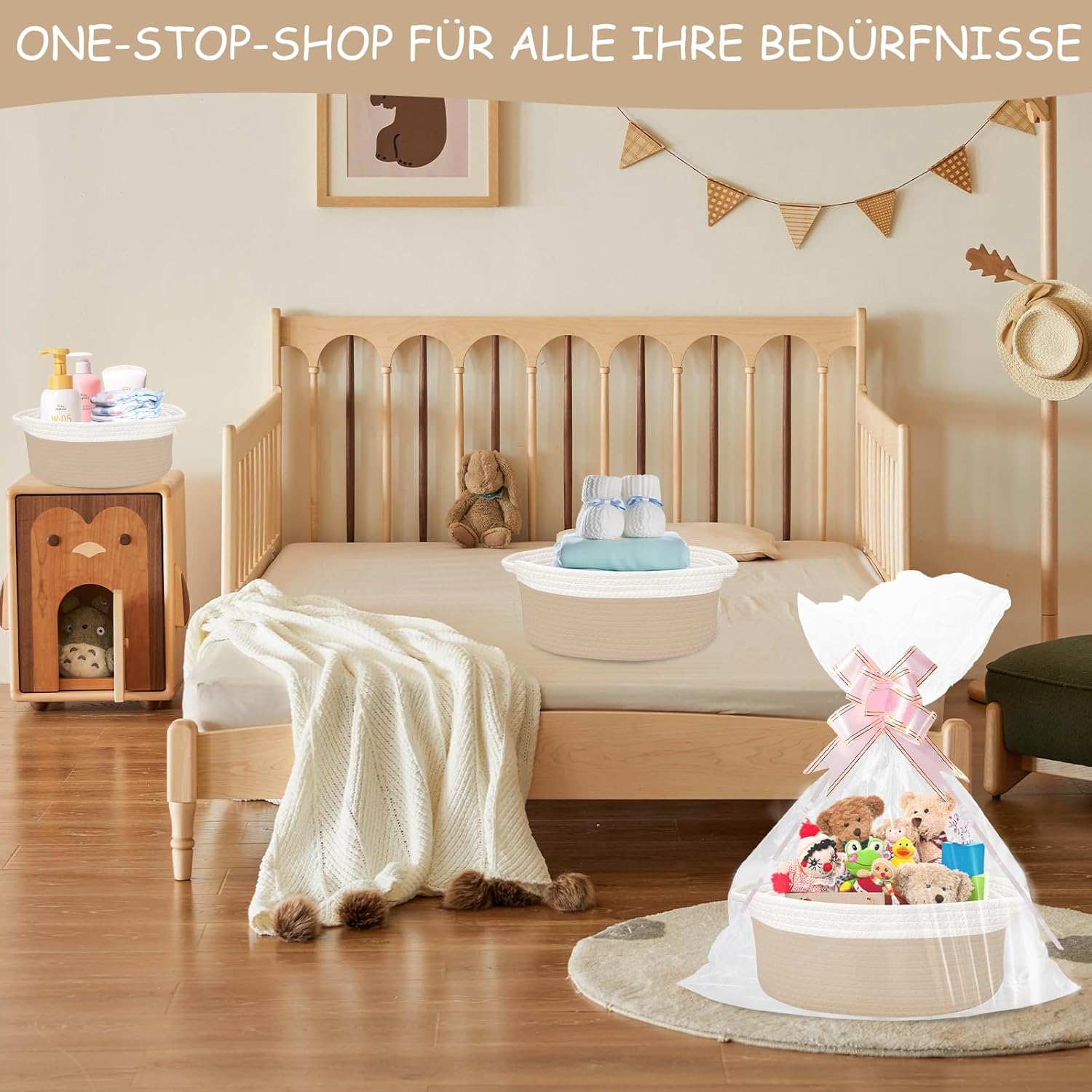 Geburtstags-Präsentkörbe - Leerer Geschenkkorb, Aufbewahrungskorb, geflochtener Korb für Geschenke mit Geschenktüten und Bändern, leerer Geschenkkorb für Geburtstag, Hochzeit, Babyparty, Erntedankfest, Weihnachten (Khaki und Weiß) – Bild 5