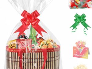 Geburtstags-Präsentkörbe – XWCHASA Leeres Geschenkkorb-Set für Geschenke, Bambuskorb mit 2 Glasbeuteln, 2 Ziehschleifen, Grußkarte, Bast, Geschenkkorbbox für Weihnachten, Geburtstag, Babyparty, Hochzeitsgeschenk (rot)