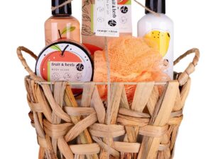 Geburtstags-Präsentkörbe – Accentra – Duschset Geschenkset für Frauen Obst & Kräuter im schönen Geschenkkorb, 5-teiliges Badeset Geschenk mit Duschgel, Körperlotion, Peeling, Badesalz & Netzschwamm – Fruchtige Geschenkidee mit Duft
