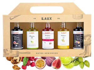 Geburtstags-Präsentkörbe – LAUX Essig & Öl Geschenkset Damen – 5 x 40 ml Olivenöl, Walnussöl, Balsamico & Aperitif – Feinkost-Kochbox – Geschenkbox für Sie und Ihn