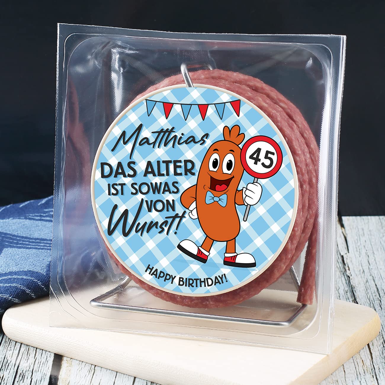 Wurst-Präsentkörbe - Herz & Heim® Wurstkabelrolle 3,5 m, Wurst im Krakauer Stil, lustiges Geschenk zum Geburtstag, 240 g – Bild 2