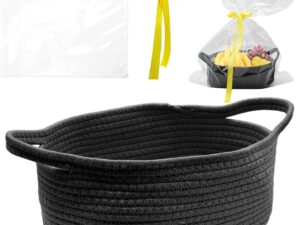 Geburtstags-Präsentkörbe – Leerer Geschenkkorb, geflochten mit Zellophantüten und Schleife, Geschenkkorb aus Baumwollseil, für Geschenke, Feiertage, Geburtstage (schwarz)