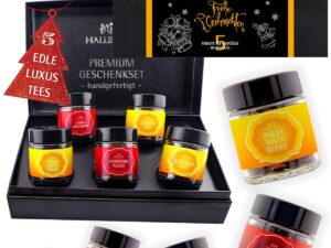 Wein-Präsentkörbe – Hallingers Genuss Manufaktur Tee-Geschenkset Weihnachten – 5 Sorten Premium loser Tee im Glas in edler Geschenkbox, veganes Teeset „Frohe Weihnachten Orange“ Probierset, Geschenkidee für Frauen