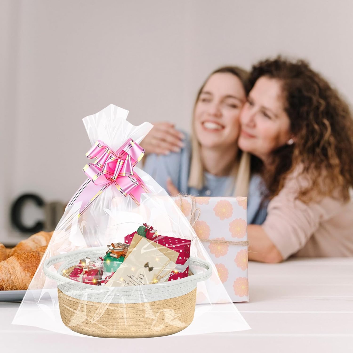 Geburtstags-Präsentkörbe - Leerer Geschenkkorb, Geschenkkorb leer mit Geschenktüten, Grußkarte und Bändern, LED-Geschenkkorb, geflochtener Korb für Geschenke, ideal für Weihnachten, Geburtstag, Hochzeit, Erntedankfest, 28,5 x 22 x 14 cm – Bild 6