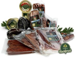 Wurst-Präsentkörbe – Schwarzwald Maxi Spar XXL Sortiment – 12-teiliges Set mit Dosenwurst, Bauernwurst, Schinken, Landjäger, Scharfe Wurst – Paket für den Lagerraum