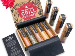 Wein-Präsentkörbe – TIMBER TASTE® Barbecue-Gewürz-Geschenkset für Männer, 5 exquisite BBQ-Grillgewürze inkl. Rezepte, Grillzubehör, Geschenke für Männer, besonderes Gewürzset für Ihn, Geschenke für Erwachsene, Gewürzset