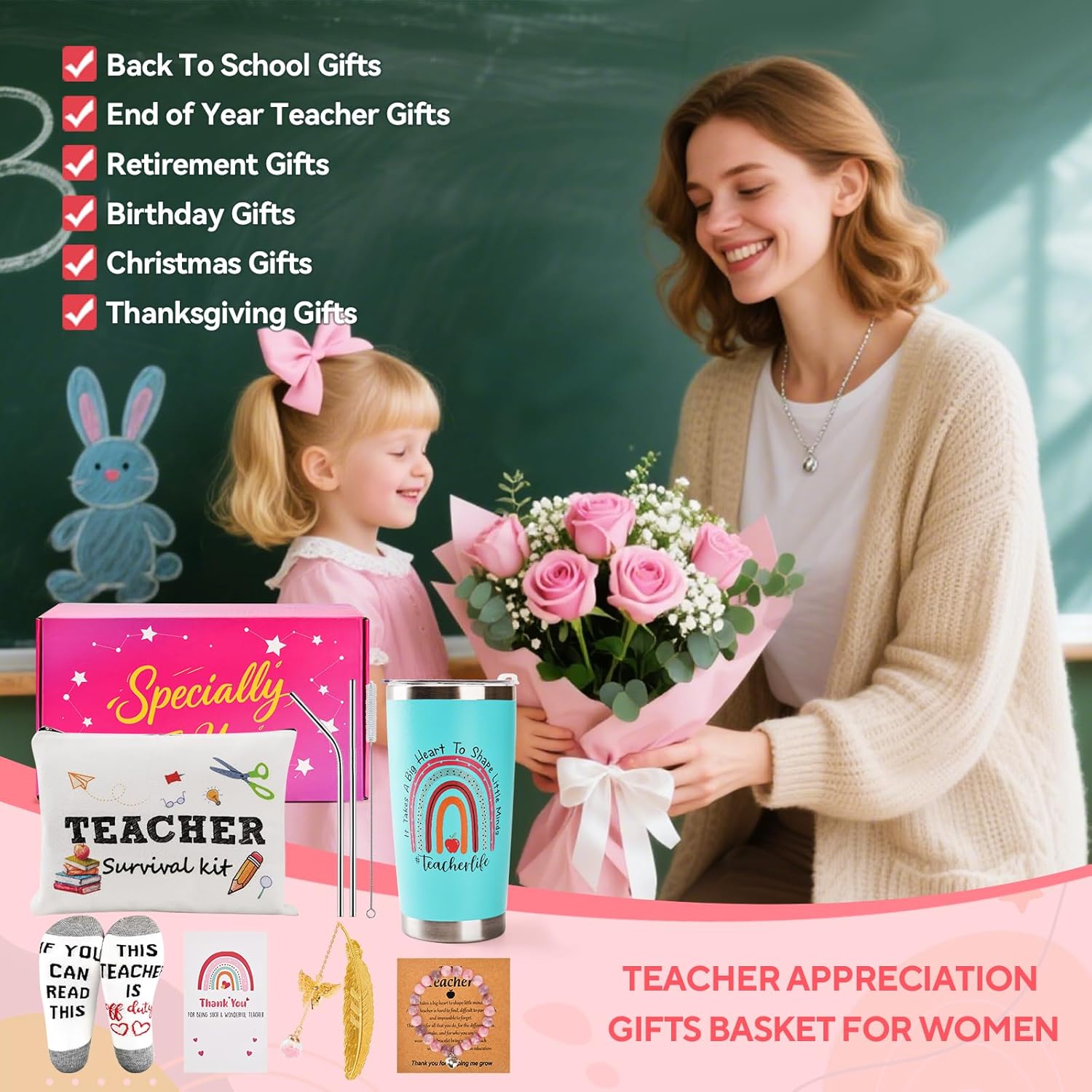 Geburtstags-Präsentkörbe - Personalisierter Lehrer-Geschenkkorb, tolles Anerkennungsgeschenk für Frauen, Pädagogen, Dankeschön-Geschenk zum Geburtstag, Ruhestand, Weihnachten, Jahresende (grün) – Bild 7