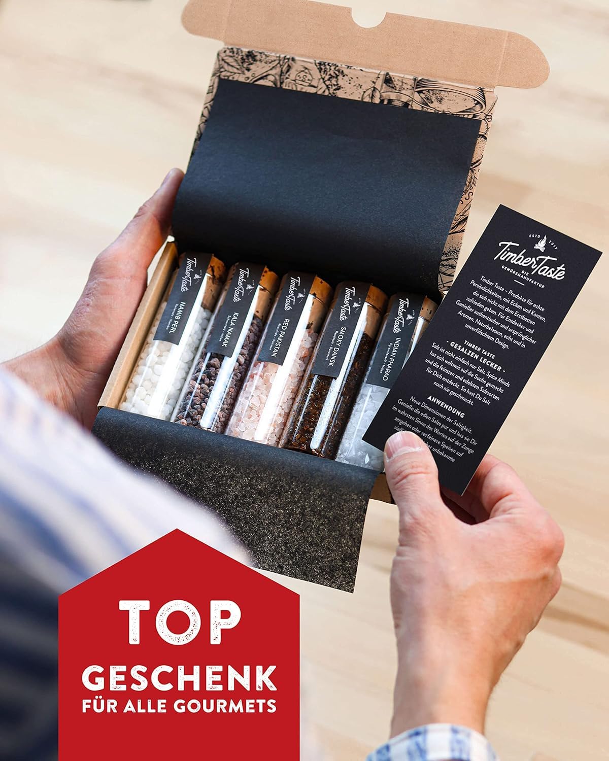 Wurst-Präsentkörbe - TIMBER TASTE® Gourmet-Salzgewürz-Geschenkset, 5 erlesene Salze aus aller Welt, Gewürzset als Geschenk für Männer und Frauen zum Geburtstag, besonderes Geschenkset für Erwachsene, Salzgewürzset für Sie und Ihn – Bild 5