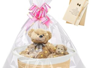 Geburtstags-Präsentkörbe – Leerer Geschenkkorb, Geschenkkorb leer mit Geschenktüten, Grußkarte und Bändern, LED-Geschenkkorb, geflochtener Korb für Geschenke, ideal für Weihnachten, Geburtstag, Hochzeit, Erntedankfest, 28,5 x 22 x 14 cm