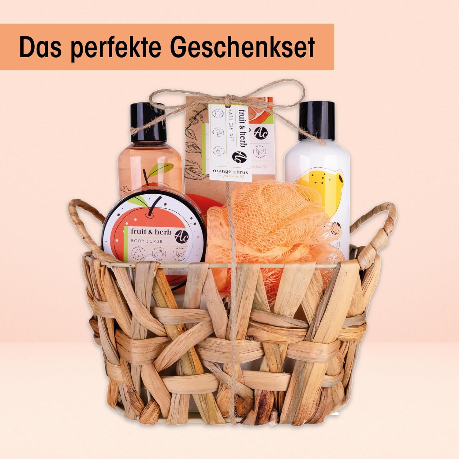 Geburtstags-Präsentkörbe - Accentra – Duschset Geschenkset für Frauen Obst & Kräuter im schönen Geschenkkorb, 5-teiliges Badeset Geschenk mit Duschgel, Körperlotion, Peeling, Badesalz & Netzschwamm – Fruchtige Geschenkidee mit Duft – Bild 3