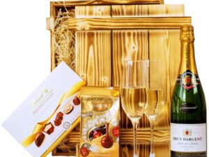 Geburtstags-Präsentkörbe – Schönes Geschenkset, Geschenkkorb gefüllt mit Sekt Brut Chardonnay, Lindt-Pralinen & Holzkiste, Schokoladen-Geschenkkorb für Männer und Frauen zu Weihnachten, Geburtstag, Dankeschön