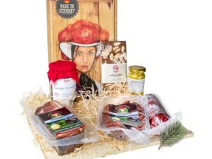 Wurst-Präsentkörbe – Schwarzwald Metzgerei Geschenkkorb „Marie“ – süß, salzig, würzig – 6er-Set mit Würstchen, Marmelade, Senf, Schokolade, Schinken und Salami