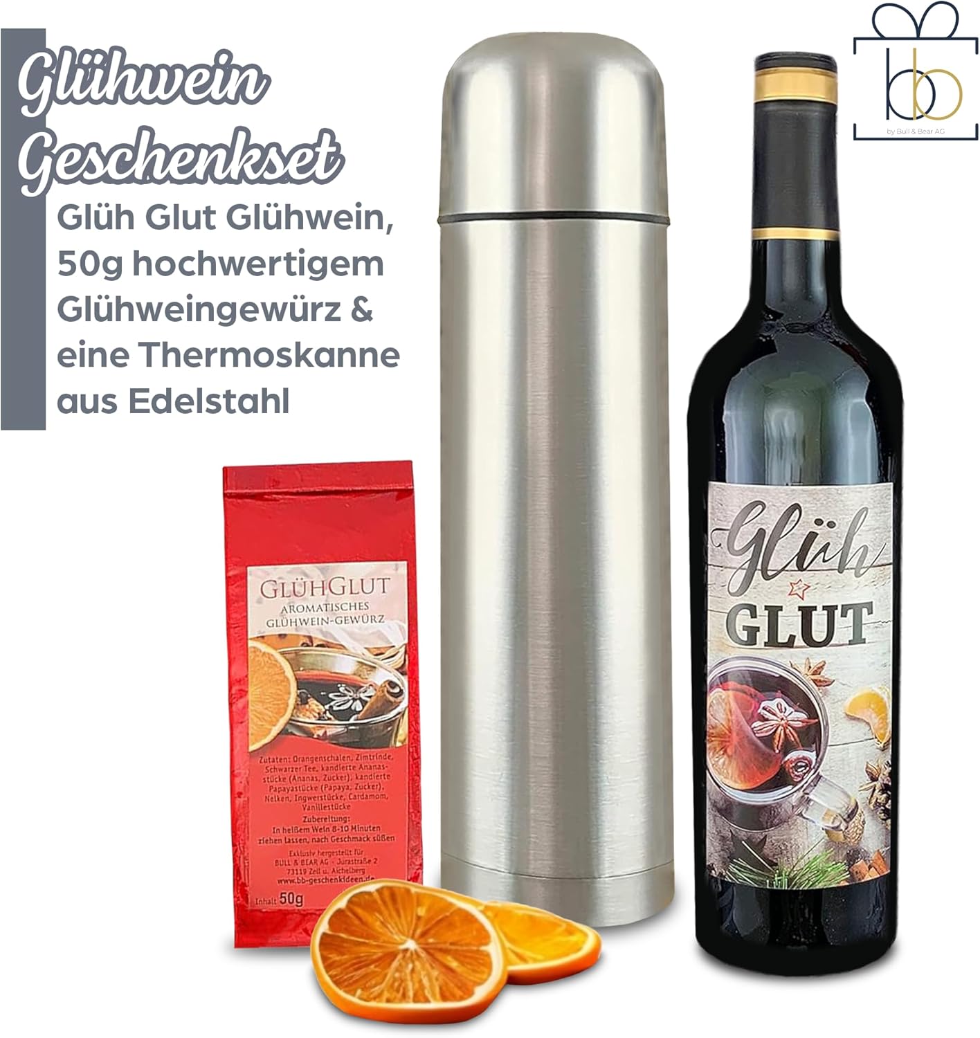 Wein-Präsentkörbe - Bull & Bear Glühwein-Geschenkset mit edlem Rotwein, Glühweingewürz, Thermoskanne, Weihnachtsgeschenk – Bild 2