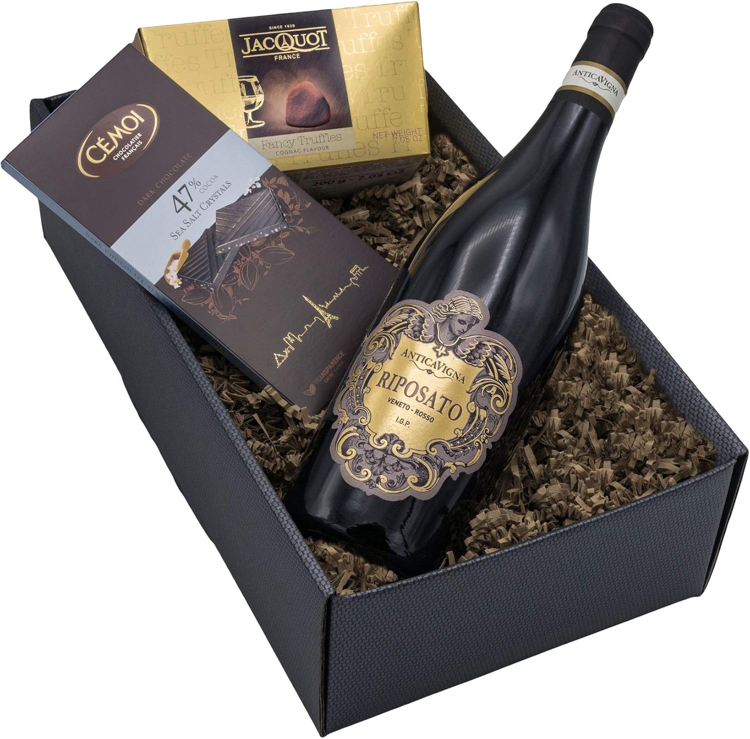 Wein-Präsentkörbe - Geschenkkorb „Genussbox“ mit Wein und Schokolade in einer Geschenkbox, italienischem Rotwein Montepulciano d'Abruzzo und Geschenkkorb „Sense Magic“ – Bild 5