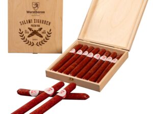 Wurst-Präsentkörbe – Salami-Wurststangen in hochwertiger Holz-Geschenkbox / Geschenk für Männer / Wurst-Snack-Geschenkidee