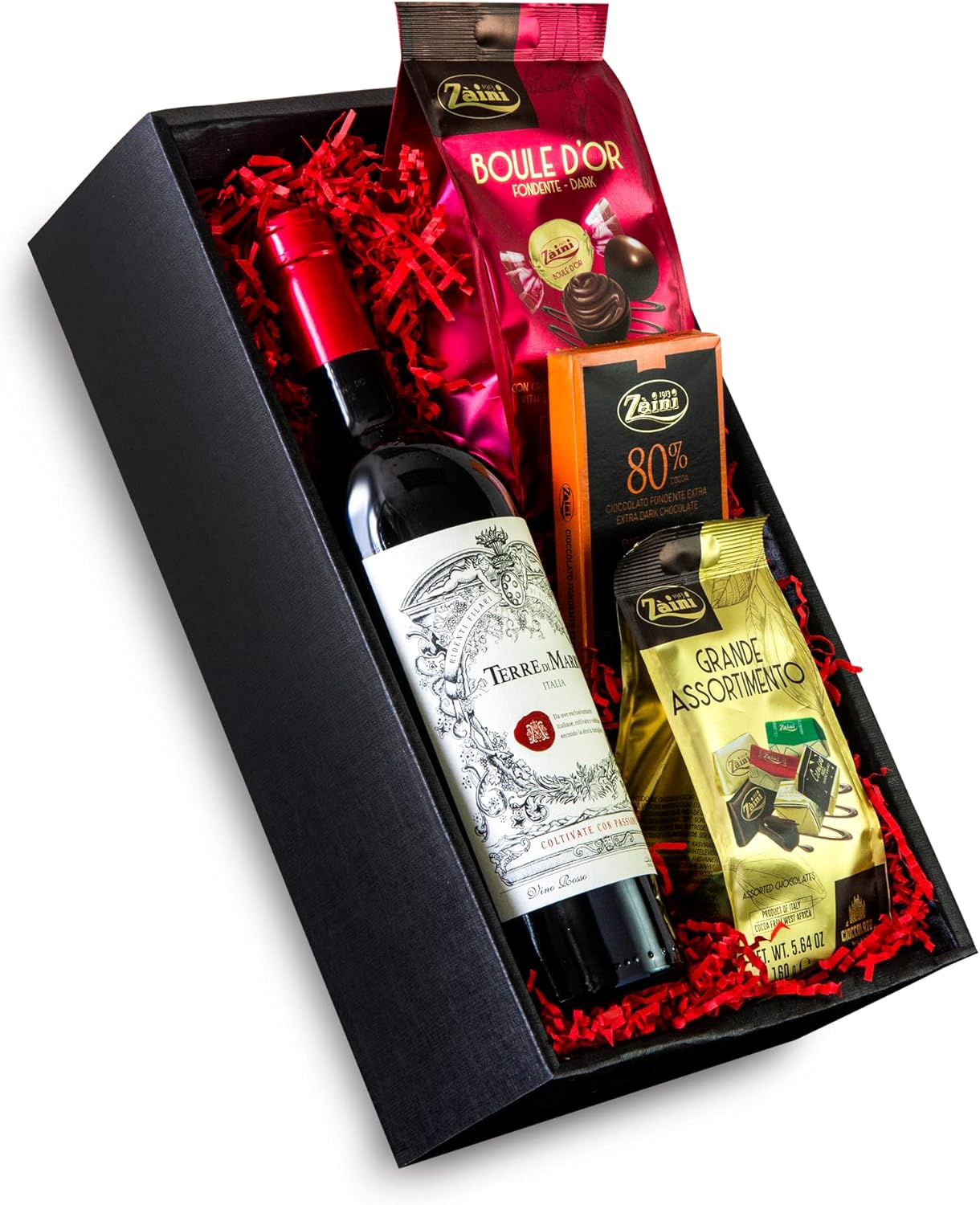 Wein-Präsentkörbe - Elegantes Geschenkset Dunkler Genuss Duo Wein, Pralinen mit Terre di Mario Rotwein und italienische Schokoladenspezialitäten – Bild 3