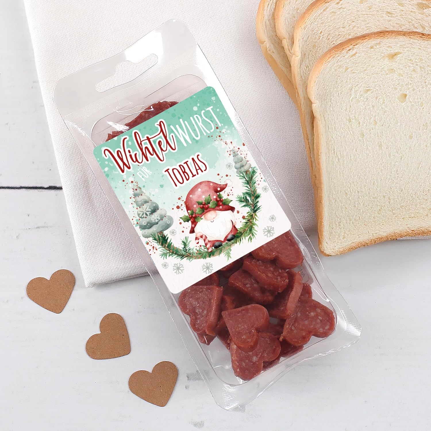 Wurst-Präsentkörbe - Herz & Heim personalisierte Wichtelwurst zu Weihnachten – 50g Salami-Herzen mit Namen – Mini-Salami als witziges Geschenk – Bild 4