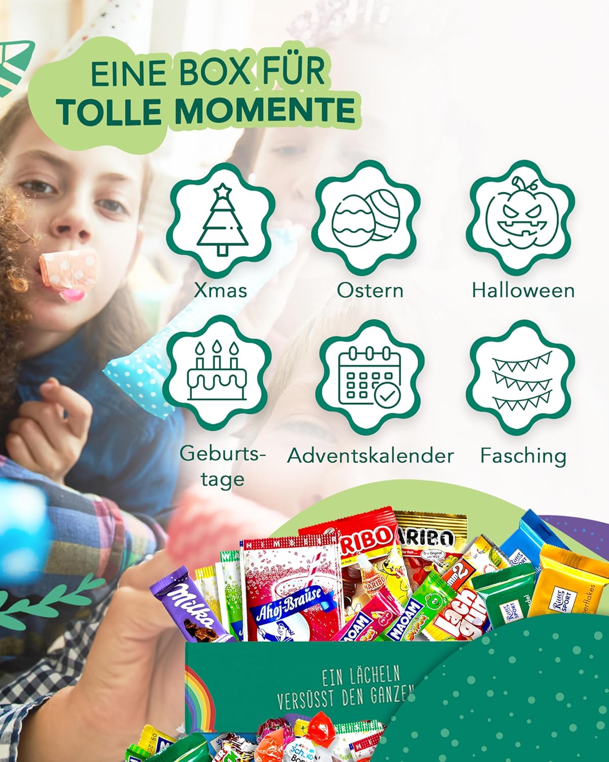 Geburtstags-Präsentkörbe - Premium Candy Box (150 Stück) - „Gute Laune Box“ als Geschenkidee, für Kindergeburtstage, Pinatafüllung, Candy Bar (XXL Snackbox) – Bild 4