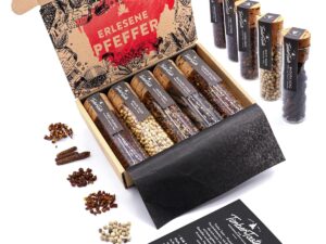 Wurst-Präsentkörbe – TIMBER TASTE® Pfeffer-Geschenkset für Männer und Frauen, 5 erlesene Paprika aus aller Welt als besonderes Geschenk für Erwachsene und Pfefferliebhaber, Pfeffer-Set-Genusspaket, Geschenk zum Geburtstag