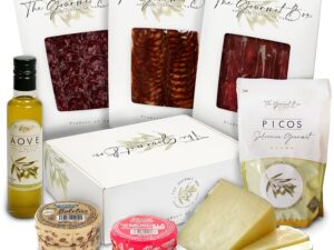 Wurst-Präsentkörbe – Gourmet-Box: Gourmet-Geschenkkorb; Iberischer Schinken, iberischer Salchichon und Chorizo, 100 % Schafskäse, Steinpilz- und Morcilla-Pasteten, handwerklich hergestellte Picos und Gourmet-Öl