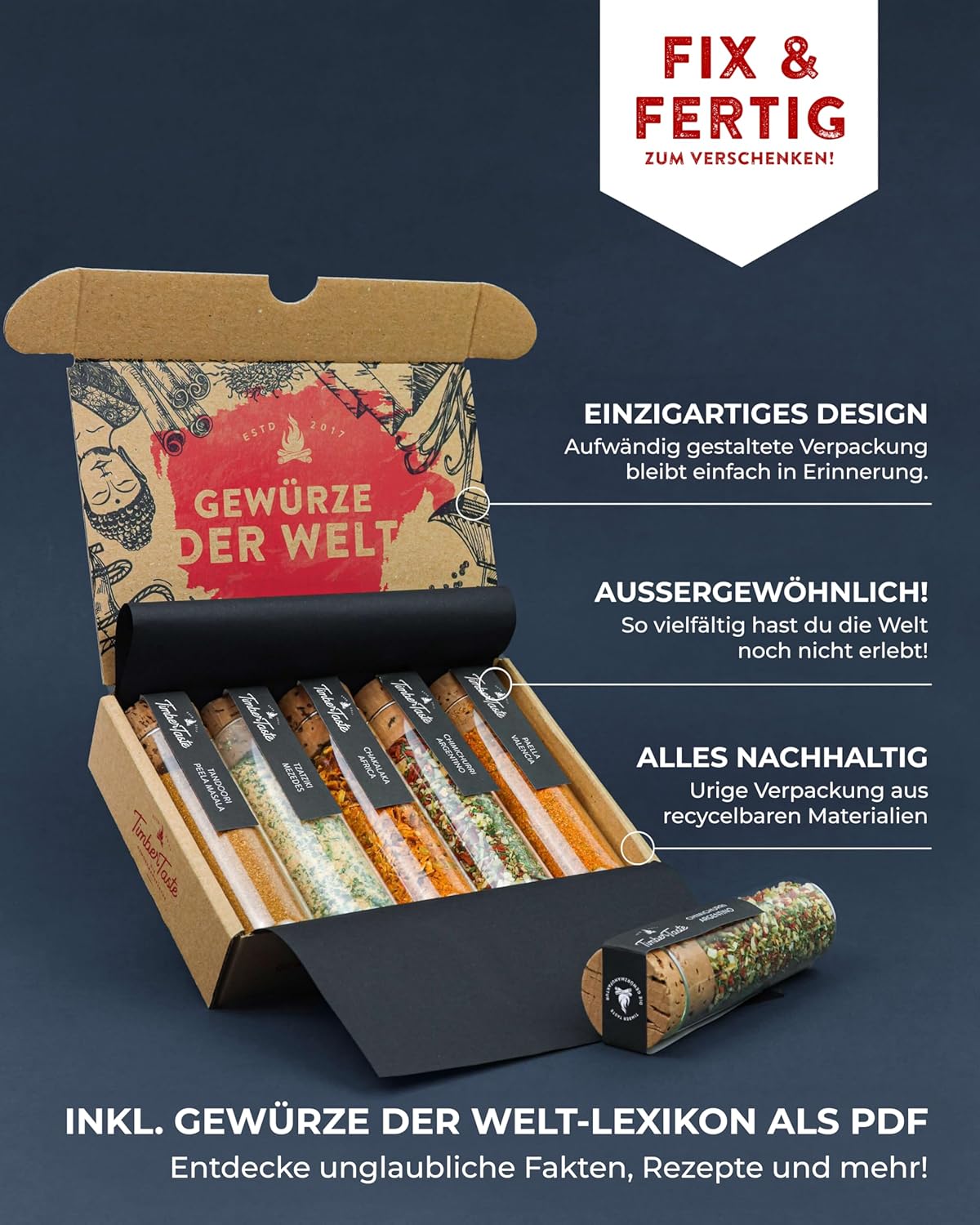 Wurst-Präsentkörbe - 5 Gewürze aus aller Welt, Gewürz-Geschenkset mit Gewürzwörterbuch (PDF) (Englisch nicht garantiert), besonderes Gewürzset-Geschenk, 5 seltene Gewürze in einem Gewürzset, Geschenk für Köche, exotische Gewürze – Bild 3