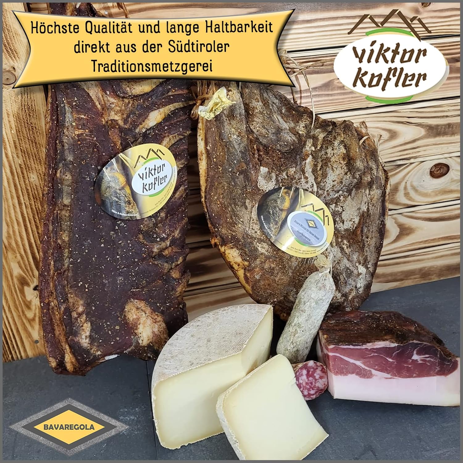 Wurst-Präsentkörbe - BAVAREGOLA Südtirol XXL Geschenkbox mit 8 Südtiroler Spezialitäten – Geschenkkorb gefüllt mit Speck, Käse, Salami, Pancetta & Schinken – Leckereien Geschenk für Männer und Frauen – Bild 6
