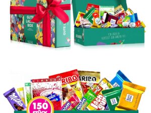 Geburtstags-Präsentkörbe – Premium Candy Box (150 Stück) – „Gute Laune Box“ als Geschenkidee, für Kindergeburtstage, Pinatafüllung, Candy Bar (XXL Snackbox)
