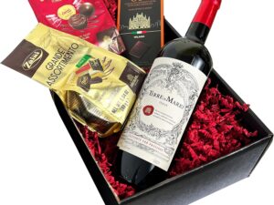 Wein-Präsentkörbe – Elegantes Geschenkset Dunkler Genuss Duo Wein, Pralinen mit Terre di Mario Rotwein und italienische Schokoladenspezialitäten