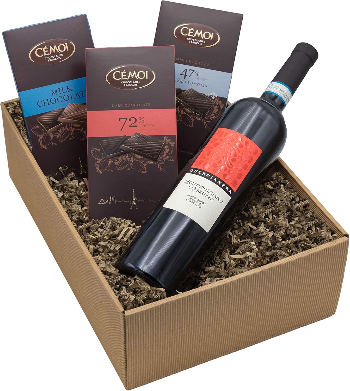 Wein-Präsentkörbe - Geschenkkorb „Genussbox“ mit Wein und Schokolade in einer Geschenkbox, italienischem Rotwein Montepulciano d'Abruzzo und Geschenkkorb „Sense Magic“ – Bild 2