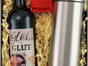 Wein-Präsentkörbe – Bull & Bear Glühwein-Geschenkset mit edlem Rotwein, Glühweingewürz, Thermoskanne, Weihnachtsgeschenk