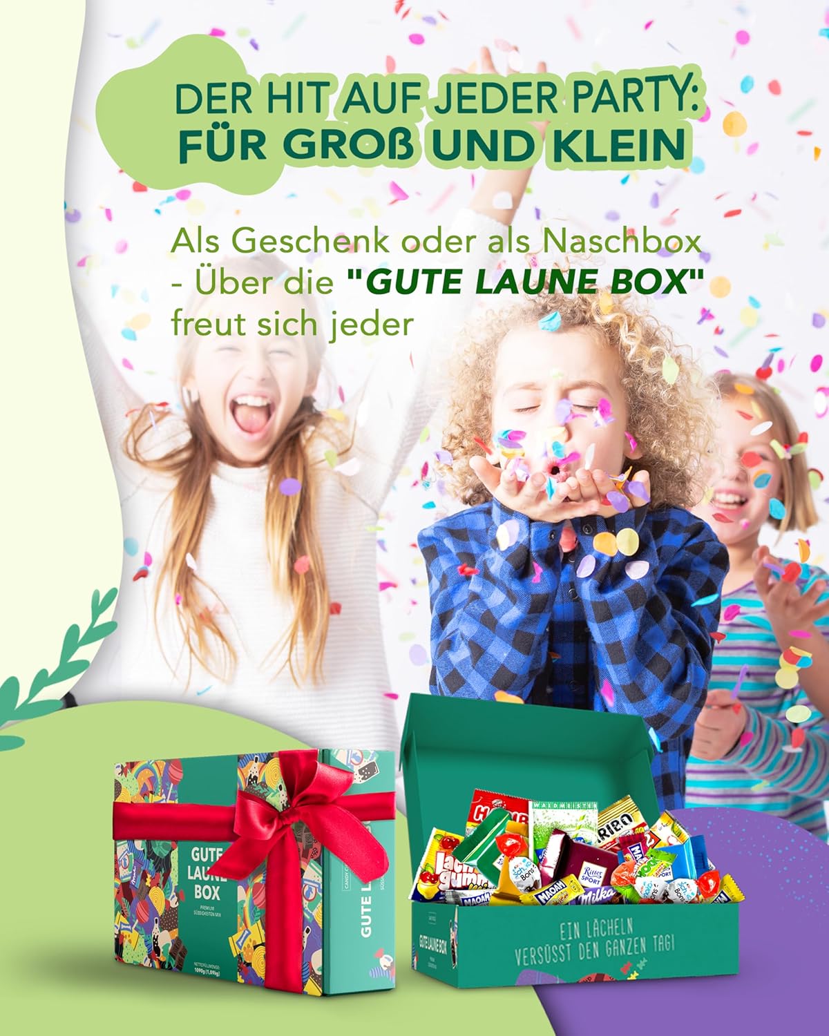 Geburtstags-Präsentkörbe - Premium Candy Box (150 Stück) - „Gute Laune Box“ als Geschenkidee, für Kindergeburtstage, Pinatafüllung, Candy Bar (XXL Snackbox) – Bild 8