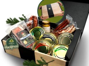 Wurst-Präsentkörbe – Schwarzwald Metzgerei Geschenkset „Dosenwurst und mehr“ mit verschiedenen Wurstspezialitäten, altbadischem Senf, Schinken und Speck – 10-teilig