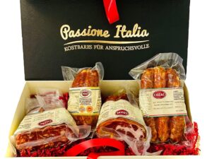 Wurst-Präsentkörbe – Geschenkbox „Salumi di Calabria“ Piccante Wurstspezialitäten – Heißes Geschenkset Salami und Wurstspezialitäten aus Kalabrien Capocollo, Salsiccia, Spianata, Soppressata